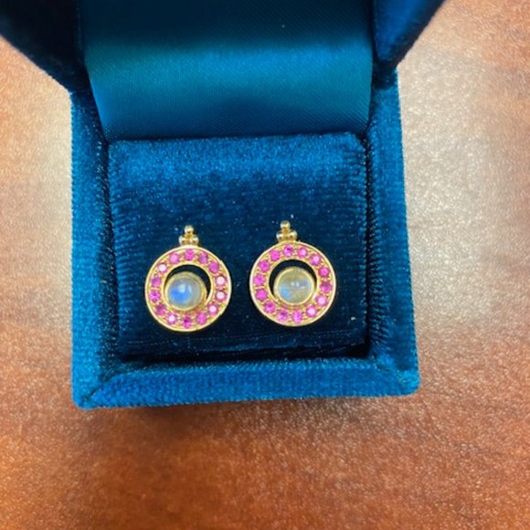 14k Gold, Pink Ruby, and Moon Stone Earrings - Picture 2 of 5